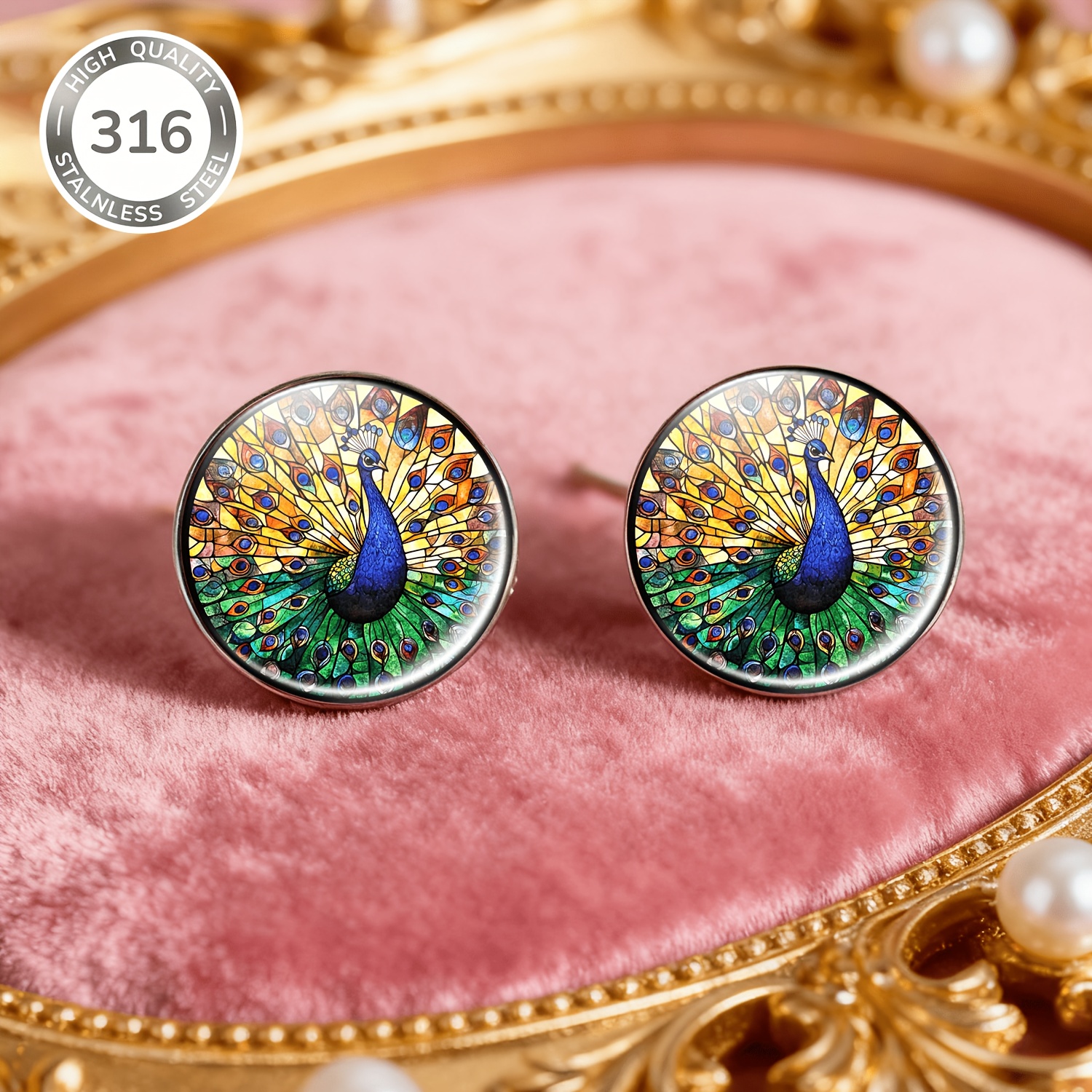 2pcs Peacock Feather Stainless Steel Non-Piercing Earrings Set